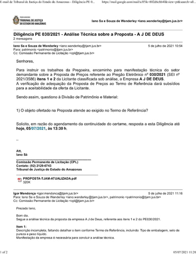 PREGÃO ELETRÔNICO Nº 030/2021 - DILIGÊNCIA CPL À DIVISÃO DE PATRIMÔNIO - PROPOSTA - A J DE DEUS