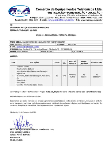 PREGÃO ELETRÔNICO Nº 51/2021 - PROPOSTA RETIFICADA - ITEM 5 - R&A COMERCIO