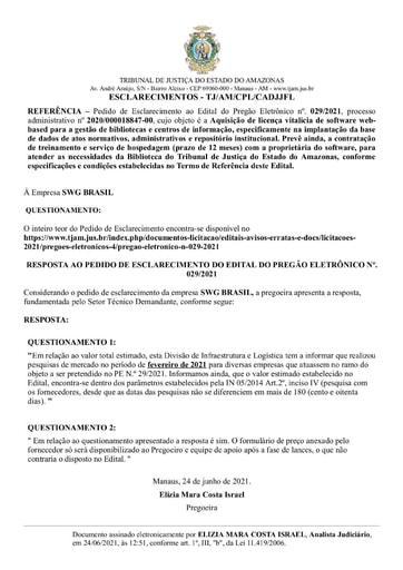 PREGÃO ELETRÔNICO Nº 029/2021 - RESPOSTA AO PEDIDO DE ESCLARECIMENTO - SGW BRASIL