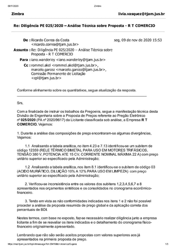 PREGÃO ELETRÔNICO Nº 025/2020 - DILIGÊNCIA CPL À DIVISÃO DE ENGENHARIA - PROPOSTA - R T COMERCIO