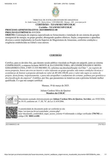 PREGÃO ELETRÔNICO Nº 019/2026 - CERTIDÃO PEDIDO DE DESCLASSIFICAÇÃO - MONTE & SA CONSTRUTORA, AR CONDICIONADO E MOTO-GERADORES LTDA
