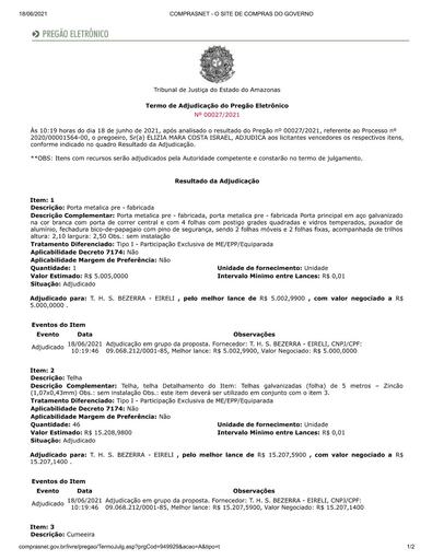 PREGÃO ELETRÔNICO Nº 027/2021 - TERMO DE ADJUDICAÇÃO