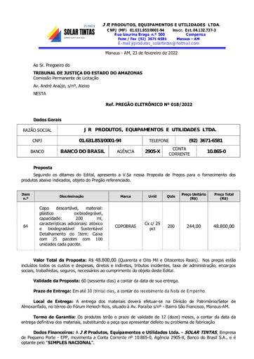 PREGÃO ELETRÔNICO Nº 018/2022 - PROPOSTA - ITEM 64 - J R PRODUTOS