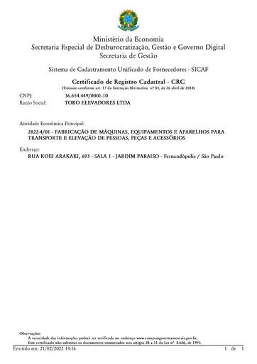 PREGÃO ELETRÔNICO Nº 011/2022 - SICAF E CNDT - TORO ELEVADORES
