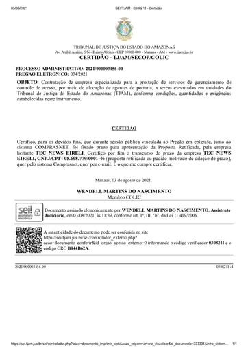 PREGÃO ELETRÔNICO Nº 034/2021 - CERTIDÃO DECURSO DE PRAZO - TEC NEWS