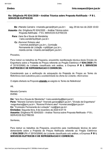 PREGÃO ELETRÔNICO Nº 024/2020 - DILIGÊNCIA CPL À DIVISÃO DE ENGENHARIA - PROPOSTA RETIFICADA - P B L SERVIÇOS