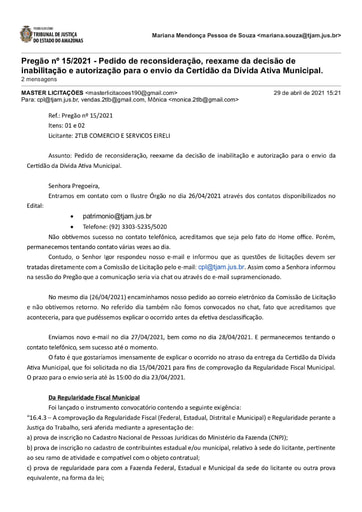 PREGÃO ELETRÔNICO Nº 015/2021 - EMAIL - PEDIDO DE RECONSIDERAÇÃO - 2TLB