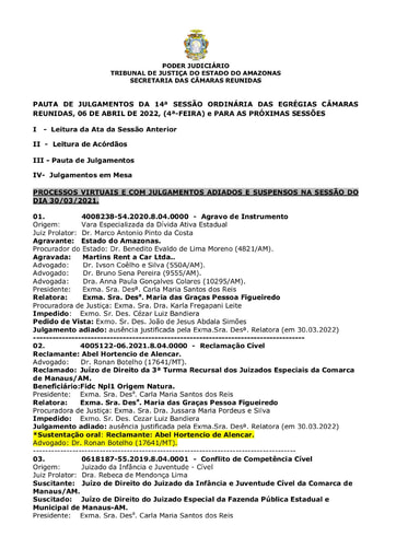 PAUTA DE JULGAMENTO DO DIA 06 04 2022