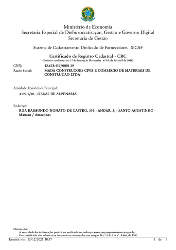 CONCORRÊNCIA Nº 002/2021 - SICAF E CNDT - MADA - TERRAPLENA