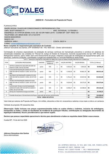 PREGÃO ELETRÔNICO Nº 020/2026 - PROPOSTA - D-ALEG AR CONDICIONADO E REFRIGERACAO LTDA - LOTE 1