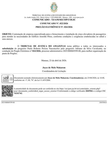 PREGÃO ELETRÔNICO Nº 024/2026 - COMUNICADO 022/2026 - SUBSTITUIÇÃO DE PREGOEIRO