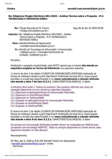 PREGÃO ELETRÔNICO Nº 001/2020 – DILIGÊNCIA CPL À DIVISÃO DE TECNOLOGIA - PROPOSTA - M A TECNOLOGIA