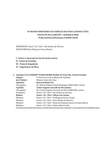 Pauta de Julgamento da Sessão Ordinária da Egrégia Segunda Câmara Cível - 10.10.2022 (Videoconferência)