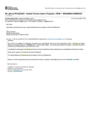 PREGÃO ELETRÔNICO Nº 002/2021 – DILIGÊNCIA CPL À DIVISÃO DE PATRIMÔNIO - PROPOSTA - ITEM 7 - BRASMED COMÉRCIO