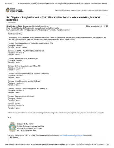PREGÃO ELETRÔNICO Nº 028/2020 - DILIGÊNCIA CPL À DIVISÃO DE INFRAESTRUTURA E LOGÍSTICA - DOCUMENTAÇÃO - KCM SERVIÇOS