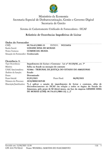 PREGÃO ELETRÔNICO Nº 037/2021 - IMPEDIMENTO - LIDIANE