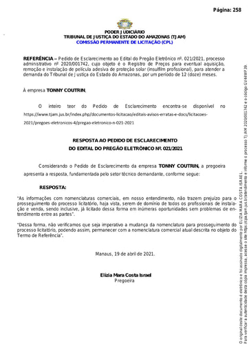 PREGÃO ELETRÔNICO Nº 021/2021 - RESPOSTA  AO PEDIDO DE ESCLARECIMENTO - TONNY COUTRIN
