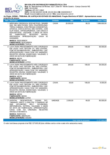 PREGÃO ELETRÔNICO Nº 002/2021 – PROPOSTA - ITEM 7 - BIO SOLUTIO