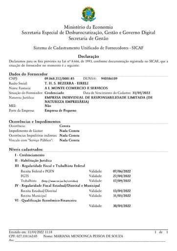 PREGÃO ELETRÔNICO N° 030/2022 - HABILITAÇÃO - SICAF E CNDT - THS BEZERRA