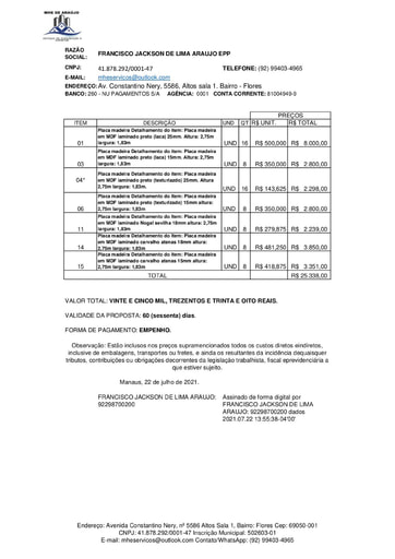 PREGÃO ELETRÔNICO Nº 032/2021 - PROPOSTA RETIFICADA ITENS 1,3,4,6,11,14,15 - FRANCISCO