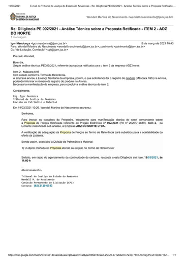 PREGÃO ELETRÔNICO Nº 002/2021 – DILIGÊNCIA CPL À DIVISÃO DE PATRIMÔNIO E MATERIAL - PROPOSTA RETIFICADA - ITEM 2 - ADZ DO NORTE