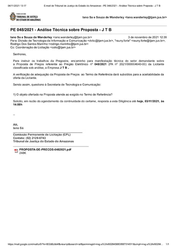 PREGÃO ELETRÔNICO Nº 48/2021 - DILIGÊNCIA - PROPOSTA - J T B