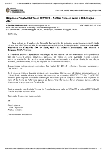 PREGÃO ELETRÔNICO Nº 022/2020 - DILIGÊNCIA CPL À DIVISÃO DE ENGENHARIA - DOCUMENTAÇÃO - AIGP