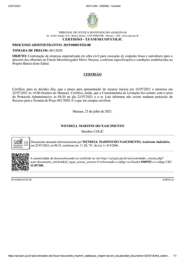 TOMADA DE PREÇOS Nº 001/2020 - CERTIDÃO