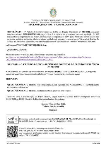 PREGÃO ELETRÔNICO Nº 027/2022 - RESPOSTA AO 4° PEDIDO DE ESCLARECIMENTO - POSITIVO