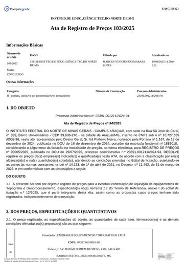 Adesão à ARP 94/2025 PE 90005/2025 - INSTITUTO FEDERAL DO NORTE DE MINAS GERAIS – CAMPUS ARAÇUAÍ (IFNMG)