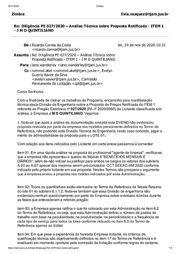 PREGÃO ELETRÔNICO Nº 027/2020 - DILIGÊNCIA CPL À DIVISÃO DE ENGENHARIA - PROPOSTA RETIFICADA ITEM 1 - J D M