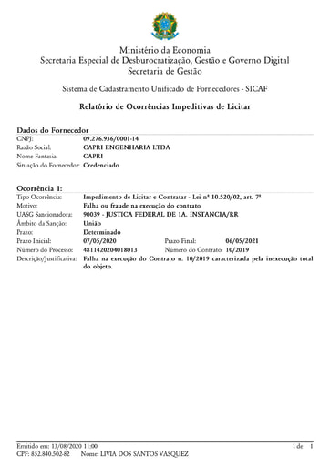 PREGÃO ELETRÔNICO Nº 016/2020 - IMPEDIMENTO - CAPRI ENGENHARIA