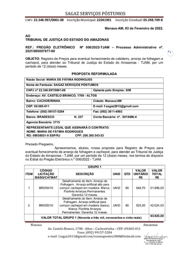 PREGÃO ELETRÔNICO Nº 006/2022 - PROPOSTA RETIFICADA - GRUPO 1 - MARIA DE FÁTIMA