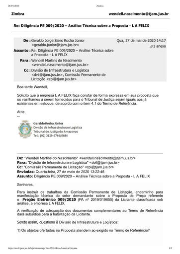 PREGÃO ELETRÔNICO Nº 009/2020 – DILIGÊNCIA CPL À DIVISÃO DE INFRAESTRUTURA E LOGÍSTICA - PROPOSTA - L A FELIX