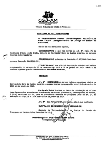 Portaria nº231/2016-CGJ/AM (Dispensa do serviço todos os servidores lotados na Corregedoria-Geral de Justiça durante o recesso forense no período de 20 de dezembro de 2016 a 6 de janeiro de 2017)