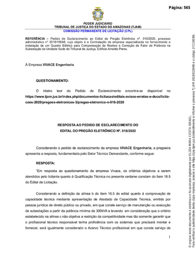 PREGÃO ELETRÔNICO Nº 016/2020 - RESPOSTA AO PEDIDO DE ESCLARECIMENTO - VIVACE ENGENHARIA