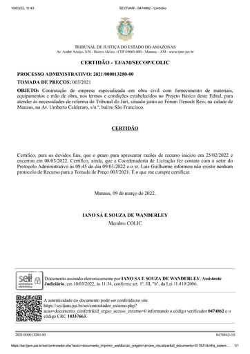 TOMADA DE PREÇOS Nº 003/2021 - CERTIDÃO RECURSO NÃO APRESENTADO
