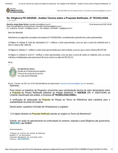 PREGÃO ELETRÔNICO Nº 029/2020 - DILIGÊNCIA CPL À DIVISÃO DE INFRAESTRUTURA E LOGÍSTICA - PROPOSTA RETIFICADA - JF TECNOLOGIA