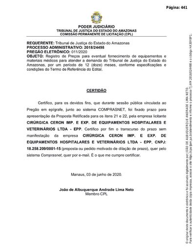 PREGÃO ELETRÔNICO Nº 011/2020 - CERTIDÃO - DECURSO DE PRAZO - ITENS 21 E 22- CIRÚRGICA CERON