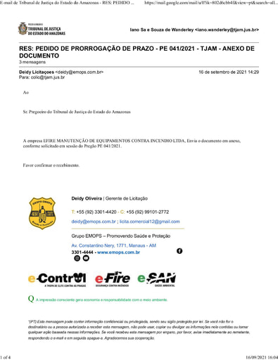 PREGÃO ELETRÔNICO Nº 041/2021 - PEDIDO DE PRORROGAÇÃO DE PRAZO - EFIRE
