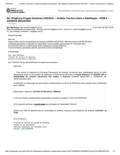 PREGÃO ELETRÔNICO Nº 002/20201 – DILIGÊNCIA CPL À DIVISÃO DE PATRIMÔNIO E MATERIAL - DOCUMENTAÇÃO - ITEM 2 - GANDAN INDUSTRIA