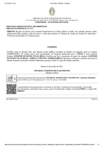 PREGÃO ELETRÔNICO Nº 45/2021 - CERTIDÃO DECURSO DE PRAZO - ITEM 2 - ANTONIO
