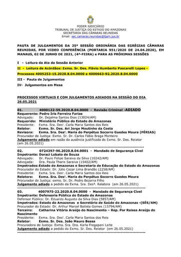 PAUTA DE JULGAMENTOS DO DIA 02 06 2021
