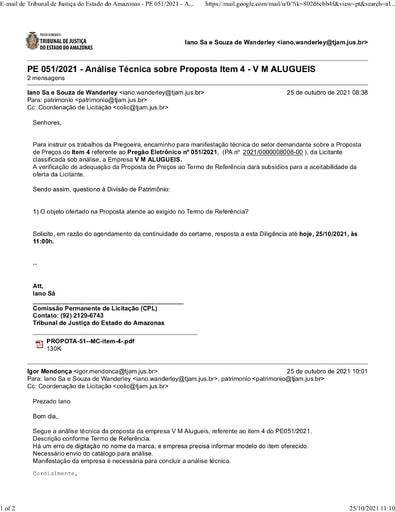 PREGÃO ELETRÔNICO Nº 51/2021 - E-MAIL DILIGÊNCIA - PROPOSTA - ITEM 4 - V M ALUGUEIS