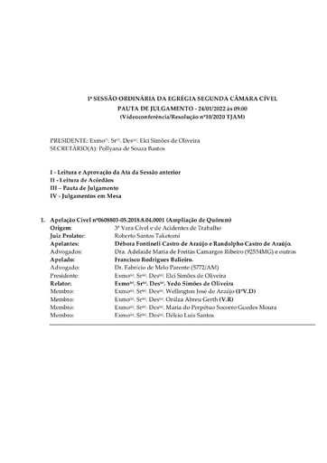 Pauta de Julgamento da Sessão Ordinária da Segunda Câmara Cível -  24.01.2022 (Videoconferência)
