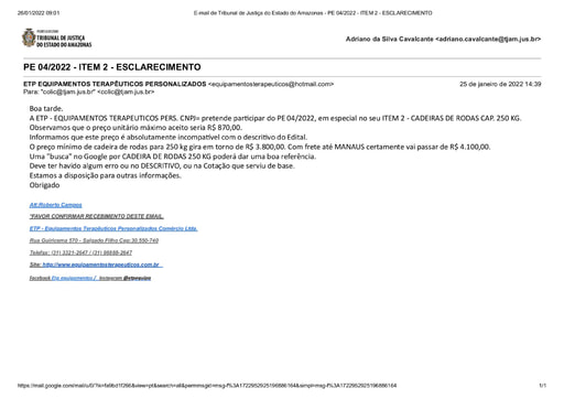 PREGÃO ELETRÔNICO Nº 04/2022 - PEDIDO DE ESCLARECIMENTO - ETP
