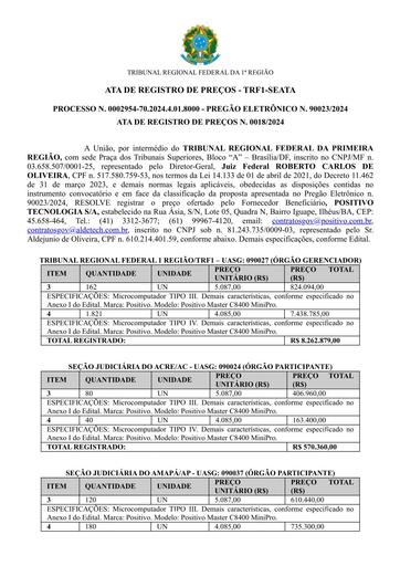 Adesão à ARP 0018/2024 PE 90023/2024 - TRIBUNAL REGIONAL FEDERAL DA 1ª REGIÃO (TRF 1)