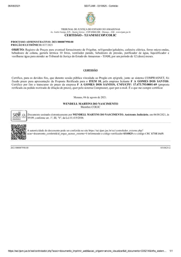 PREGÃO ELETRÔNICO Nº 037/2021 - CERTIDÃO DECURSO DE PRAZO - ITEM 10 - F A GOMES