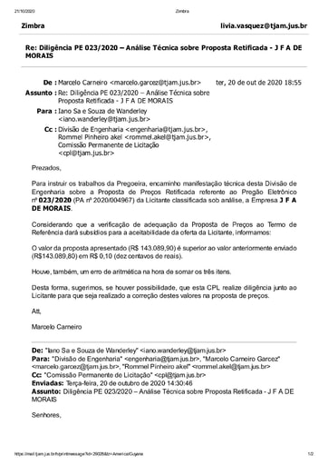 PREGÃO ELETRÔNICO Nº 023/2020 - DILIGÊNCIA CPL À DIVISÃO DE ENGENHARIA - PROPOSTA RETIFICADA - J F A DE MORAIS