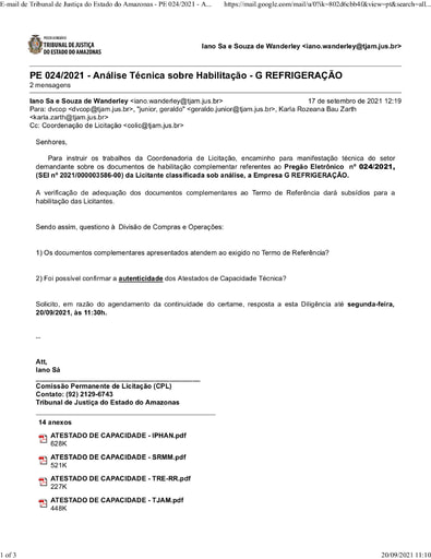 PREGÃO ELETRÔNICO Nº 024/2021 - DILIGÊNCIA COLIC À DIVISÃO DE COMPRAS - HABILITAÇÃO - G REFRIGERAÇÃO